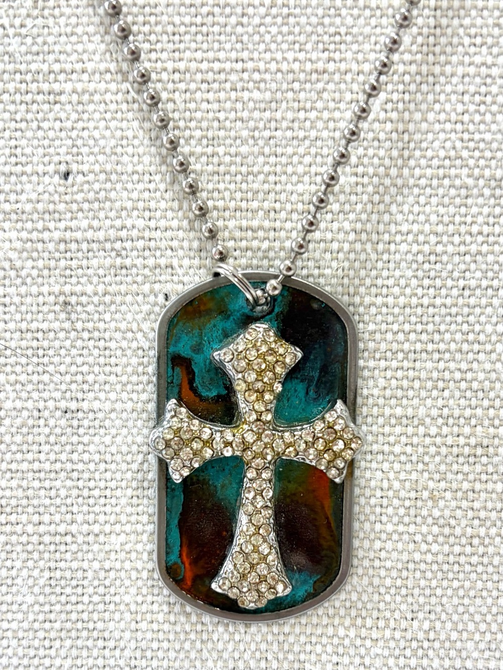 Designer Turquoise Marbled Cross Pendant Statement Necklace Dog‑Tag Chain